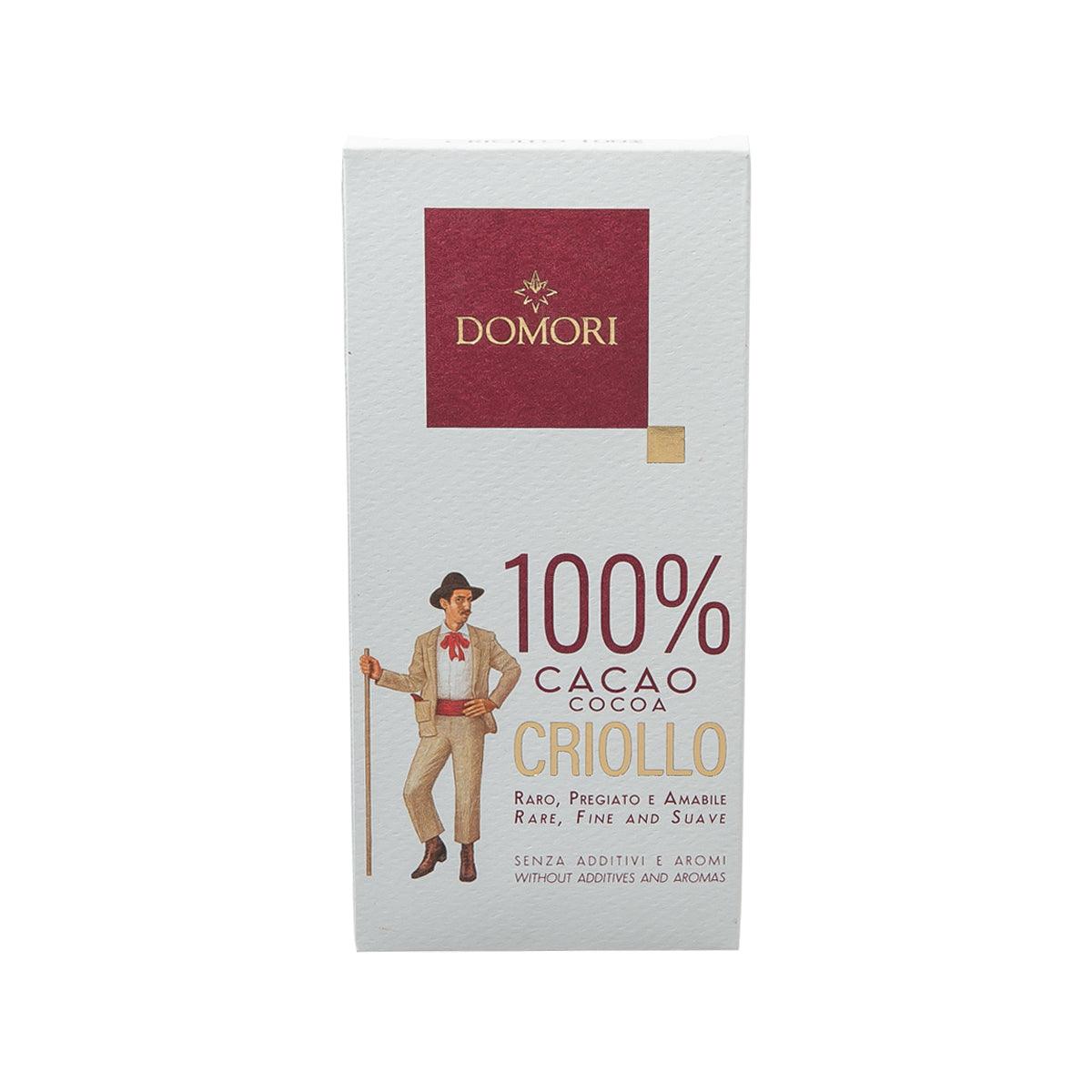 DOMORI Criollo 100% cacao chocolate bar, 50 g, front package with Criollo 100% label