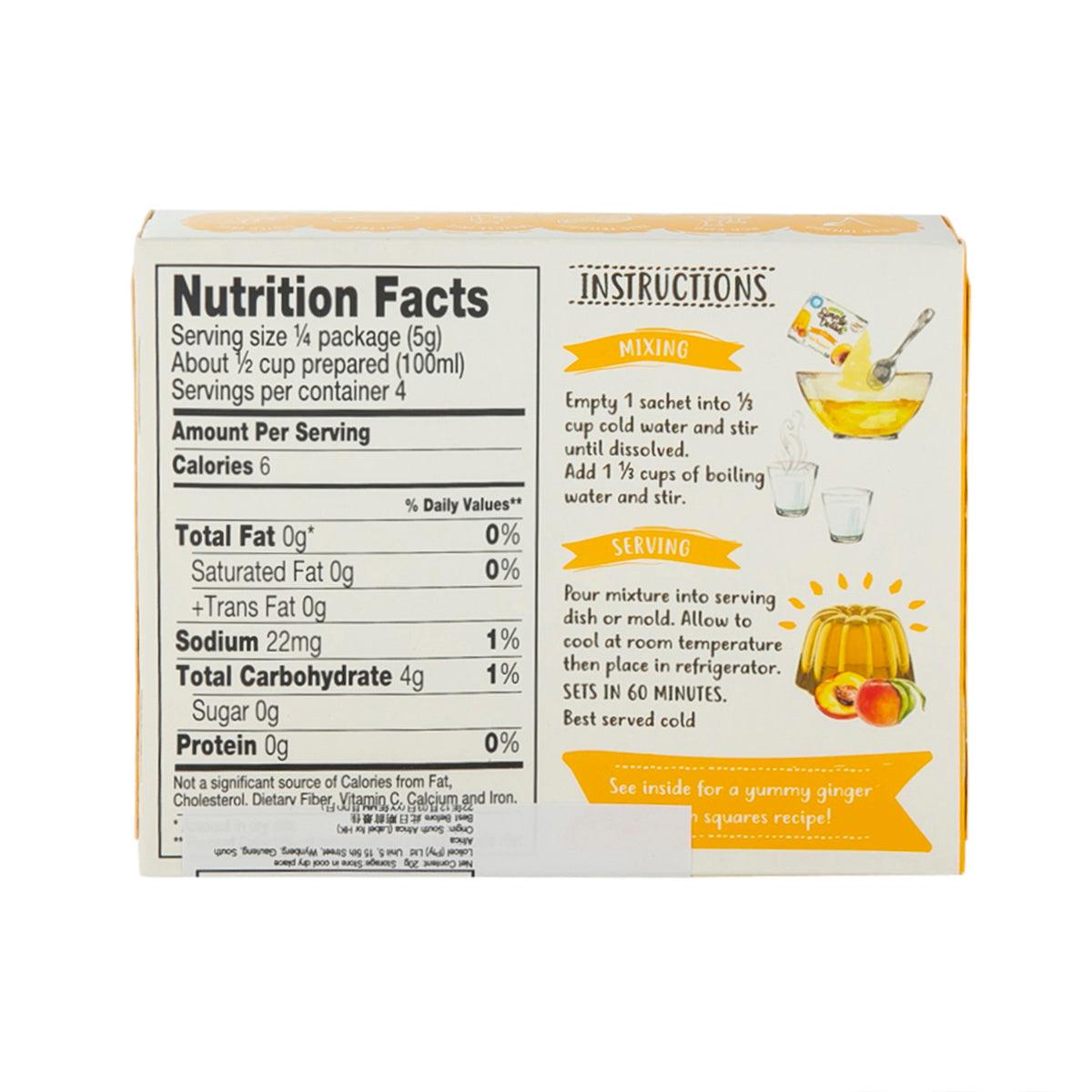 Peach jel dessert box back with Nutrition Facts and serving instructions