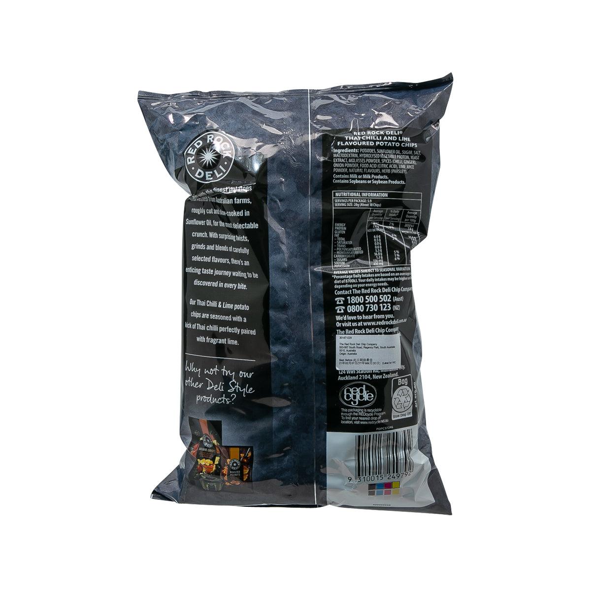 Back of Thai chilli & lime chips pouch with nutrition and ingredient info