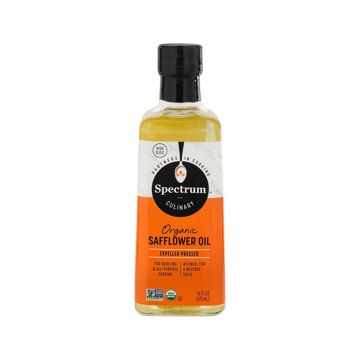 Spectrum organic safflower oil bottle, 473 mL, black cap and yellow label