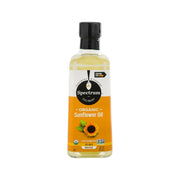 Spectrum organic sunflower oil bottle, 473 mL, black cap with yellow liquid.