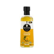 Spectrum organic canola oil bottle, amber liquid with black cap and label