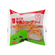 Milk cream puff pastry in white and green packaged wrapper with red accents