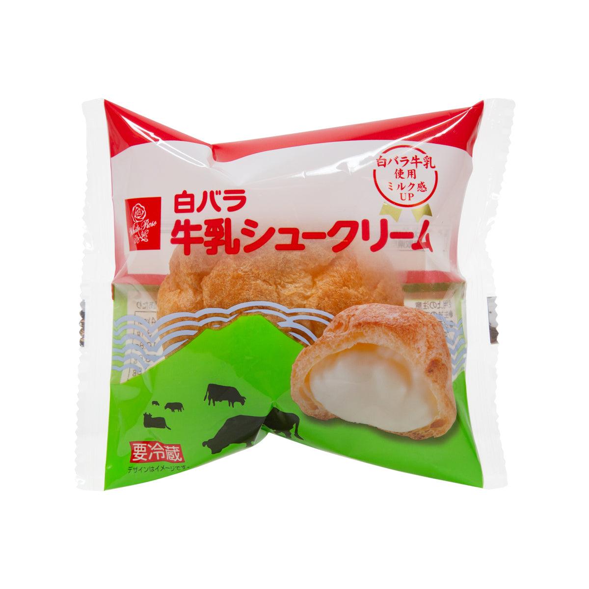 Milk cream puff pastry in white and green packaged wrapper with red accents