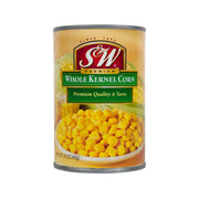 S&W whole kernel corn can with green label and visible yellow corn kernels