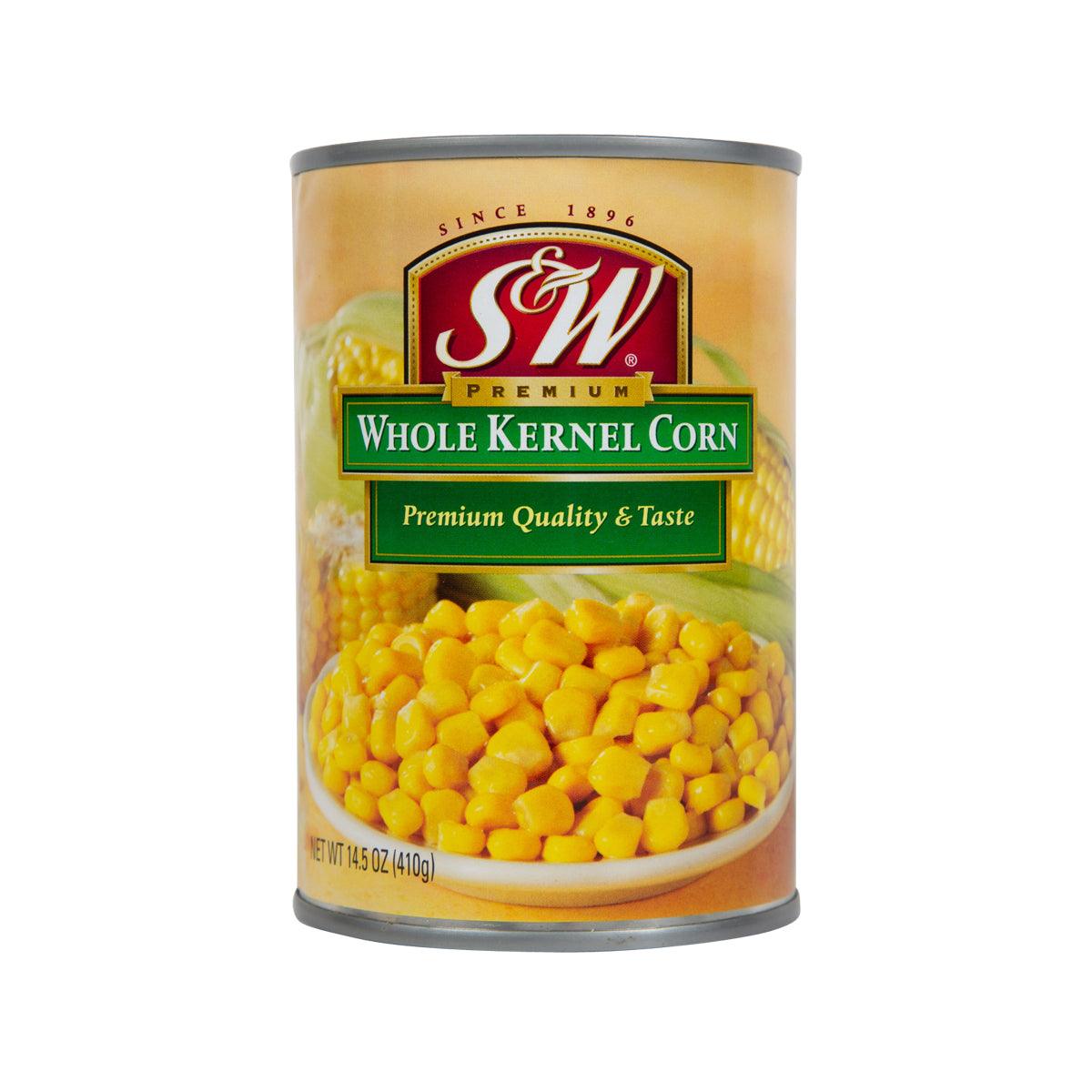 S&W whole kernel corn can with green label and visible yellow corn kernels