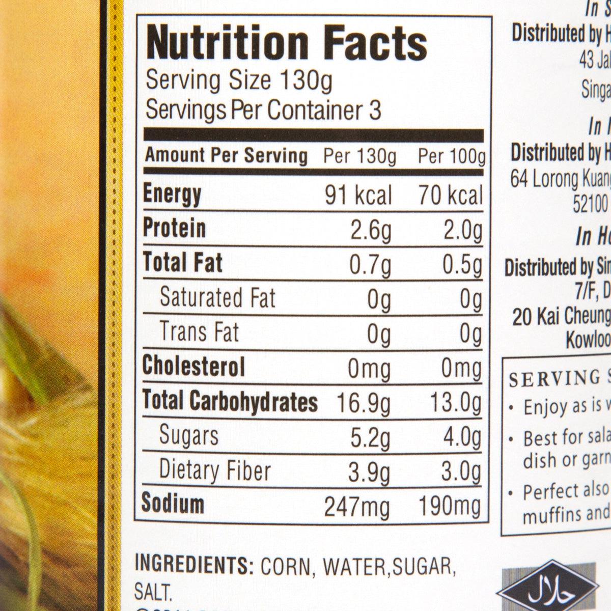 Nutrition facts label for whole kernel corn, serving size 130g