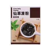 Grass jelly powder sachet box, 80 g, with ladle and jelly cubes illustration