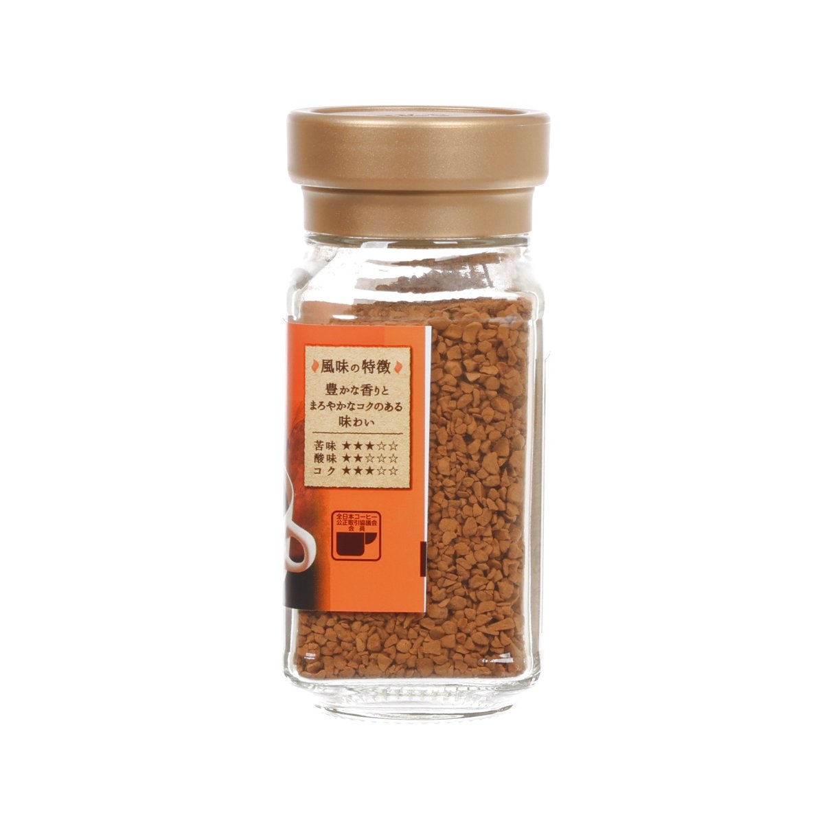 UCC decaffeinated instant coffee jar with side panel label and visible coffee granules
