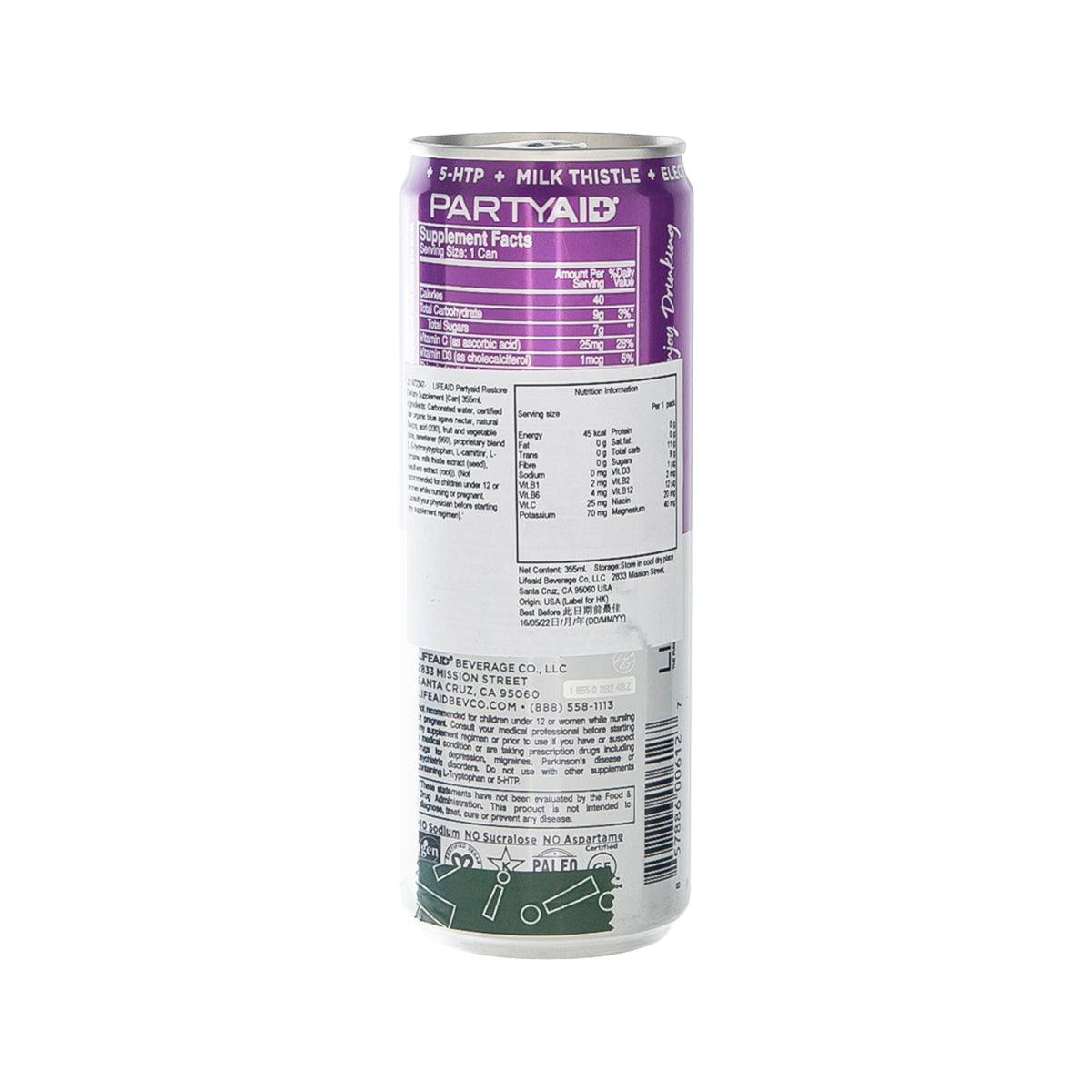 LIFEAID Partyaid Restore dietary supplement can back with barcode and supplement facts