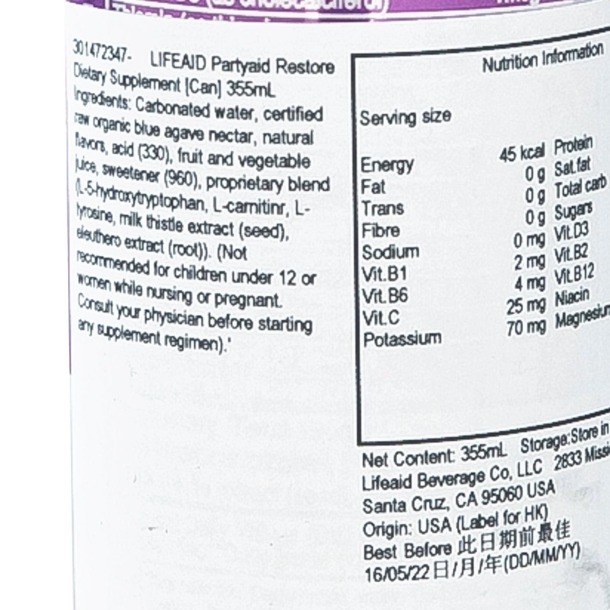 LIFEAID Partyaid Restore can label close-up with ingredients and nutrition information