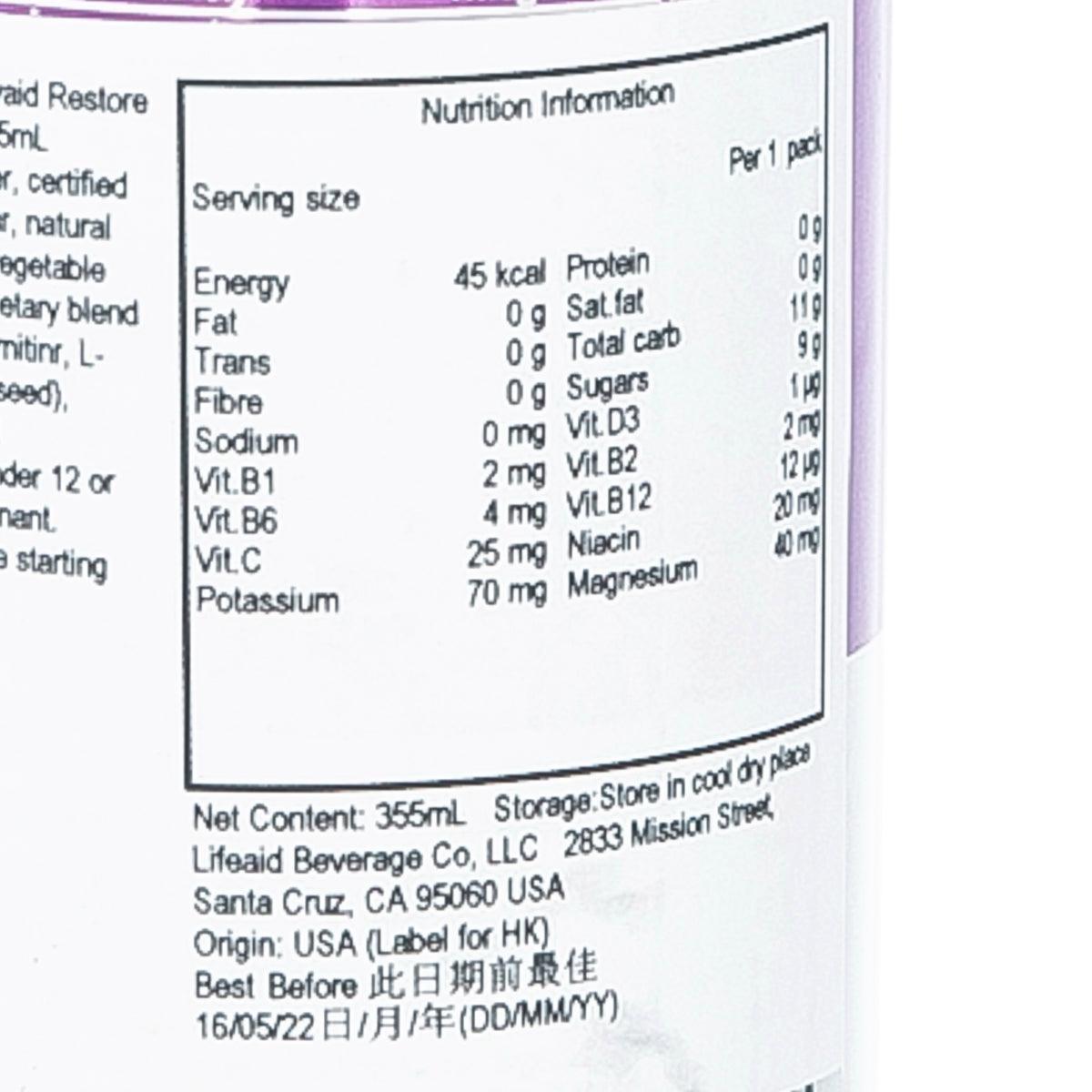 LIFEAID Partyaid Restore can nutrition information panel, serving size and vitamins
