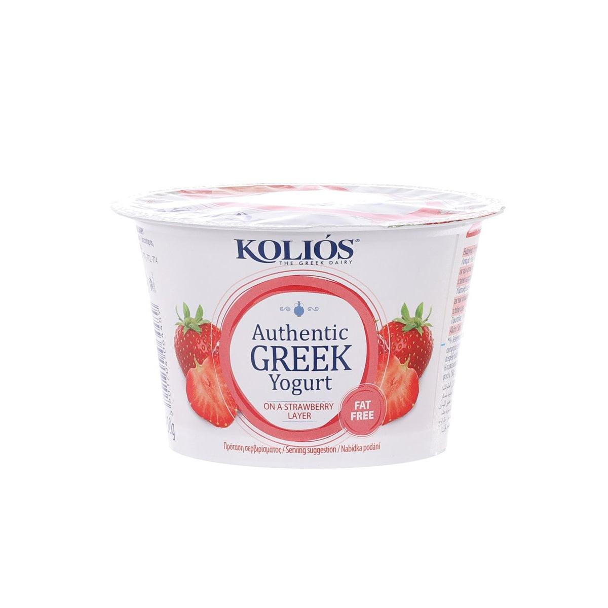 KOLIOS fat-free strawberry Greek yogurt cup with white lid and strawberry graphics