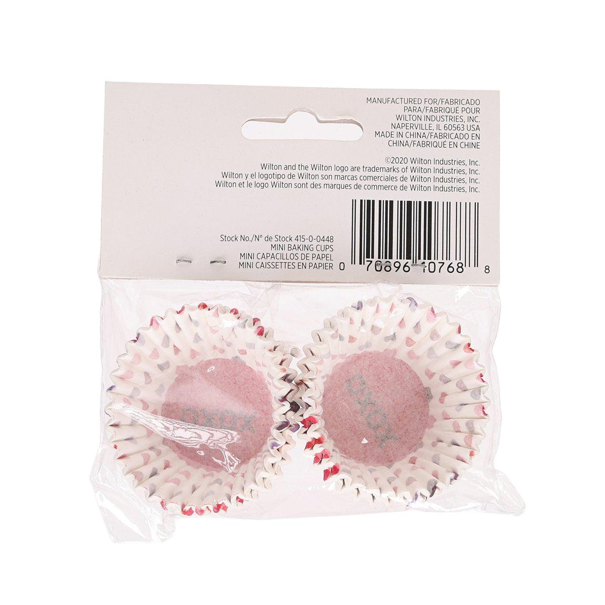 WILTON mini baking cups in clear pack, pink liners with red XOXO heart details