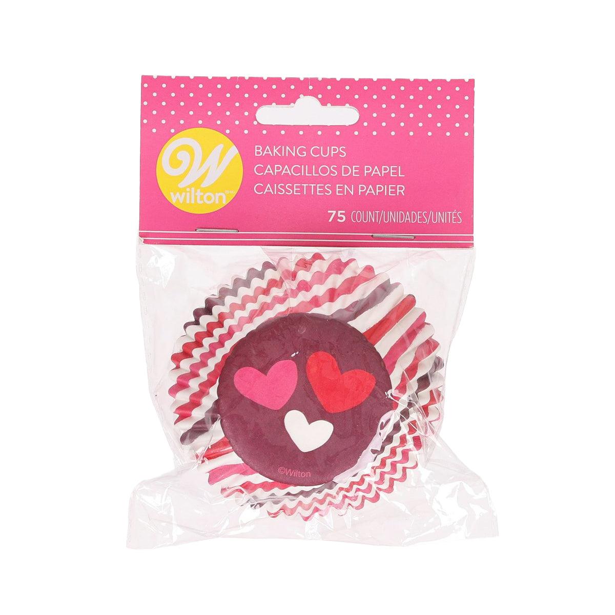 WILTON Valentine baking cups with heart pattern in pink, red, and white