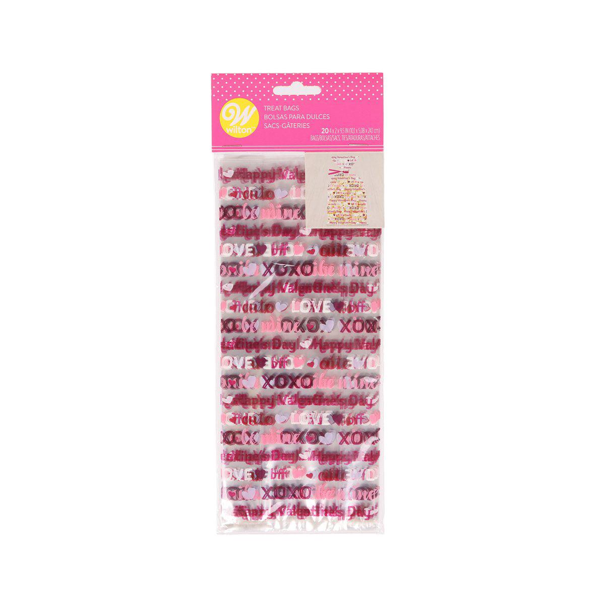 Valentine treat bags (20) in pink and red LOVE/XOXO print, sealed retail pack