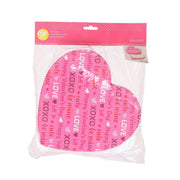 Heart-shaped Valentine treat box in pink with XOXO and LOVE text pattern