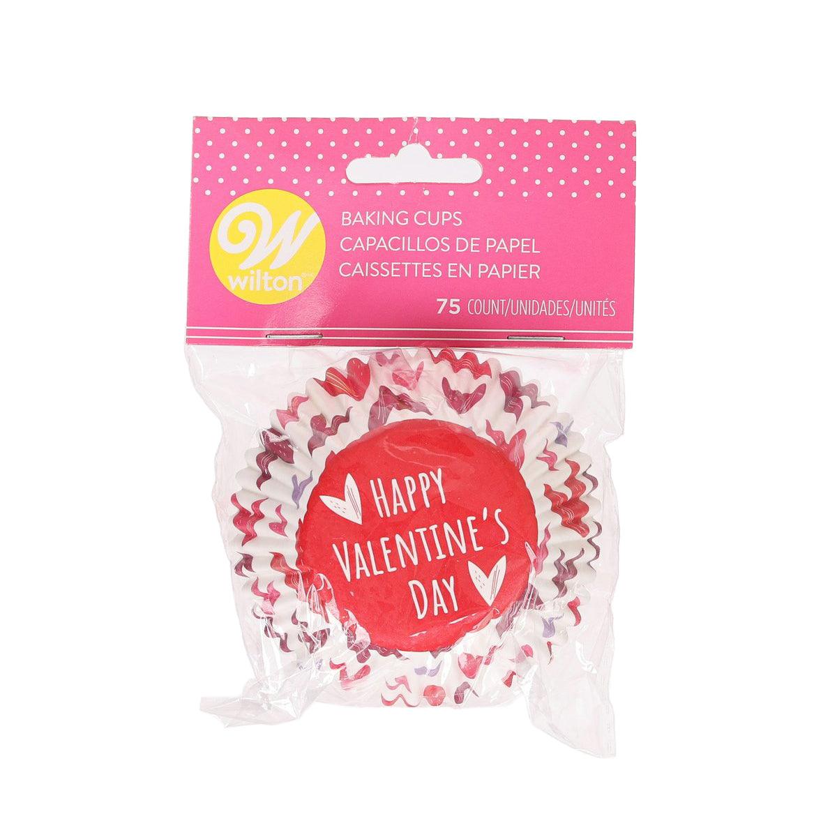Valentine baking cups with red and pink “Happy Valentine’s Day” print, 75-count