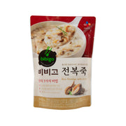BIBIGO abalone rice porridge pouch, 420g, front package with meal photo.