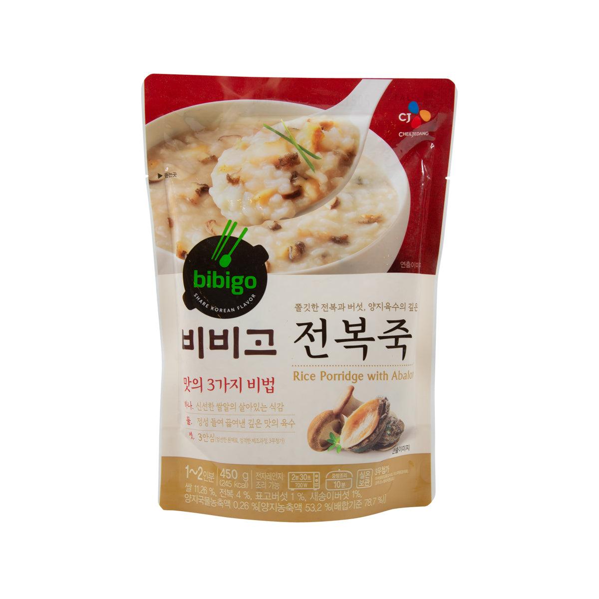 BIBIGO abalone rice porridge pouch, 420g, front package with meal photo.