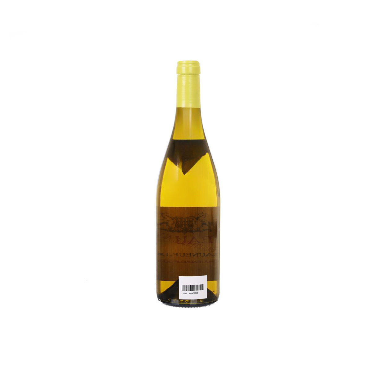 CH RAYAS Chateauneuf-du-Pape Blanc wine bottle, yellow glass, back barcode label