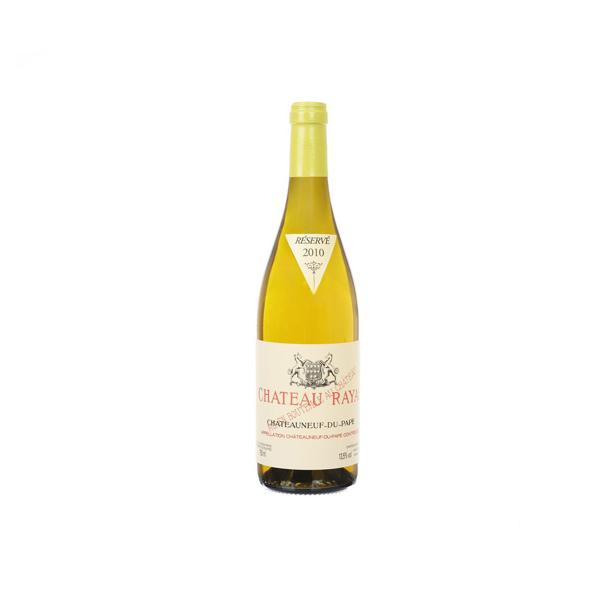 CH RAYAS Chateauneuf-du-Pape Blanc wine bottle, yellow glass, front label view
