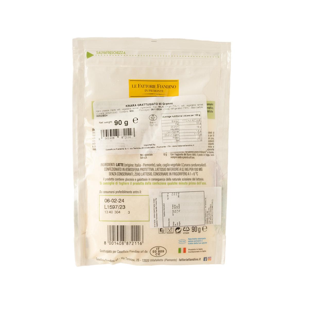 Kinara grated parmesan cheese pouch back with ingredient and nutrition panel, 90 g