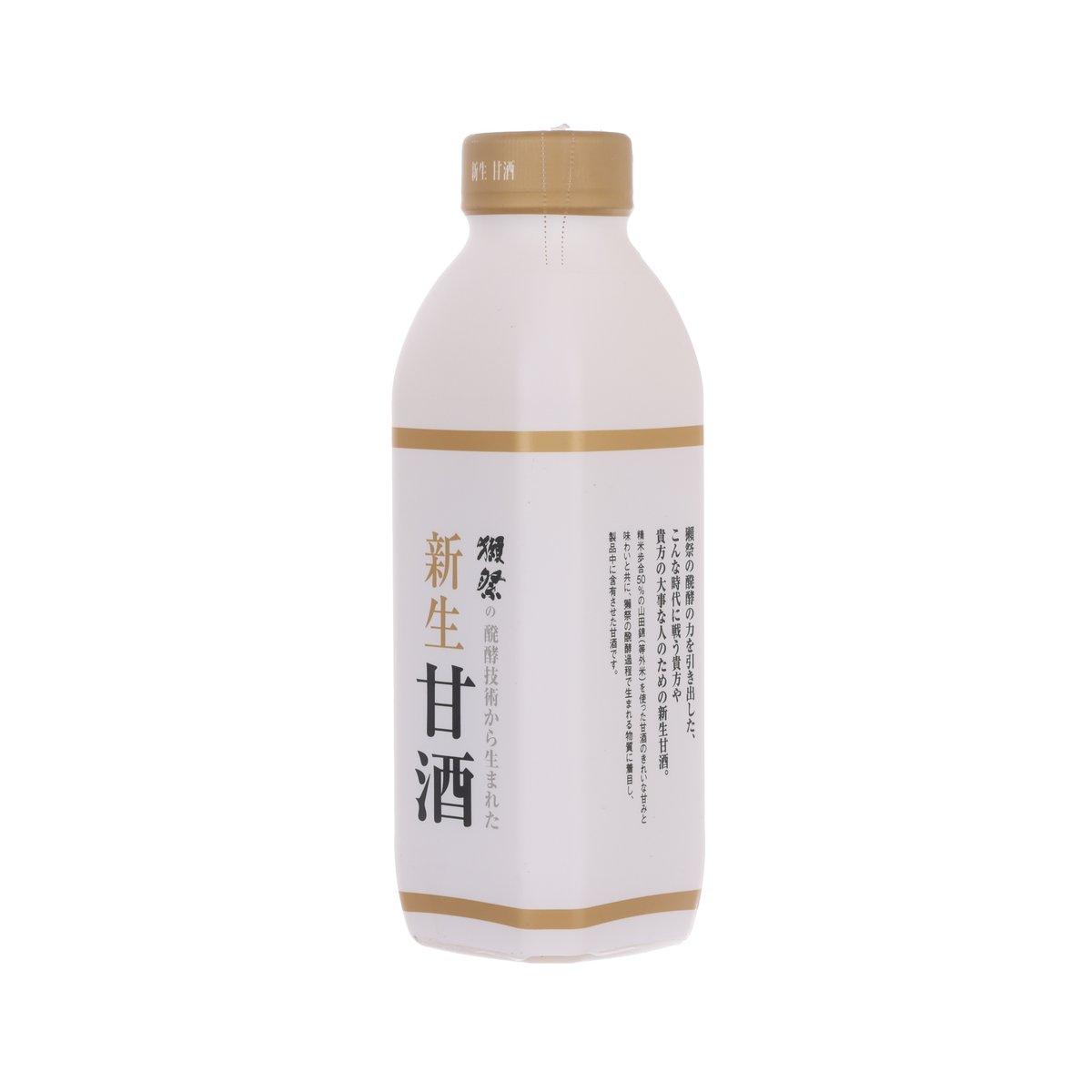 Amazake bottle with side label panel and vertical text