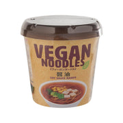 Vegan soy sauce ramen cup with clear dark-brown lid, front label
