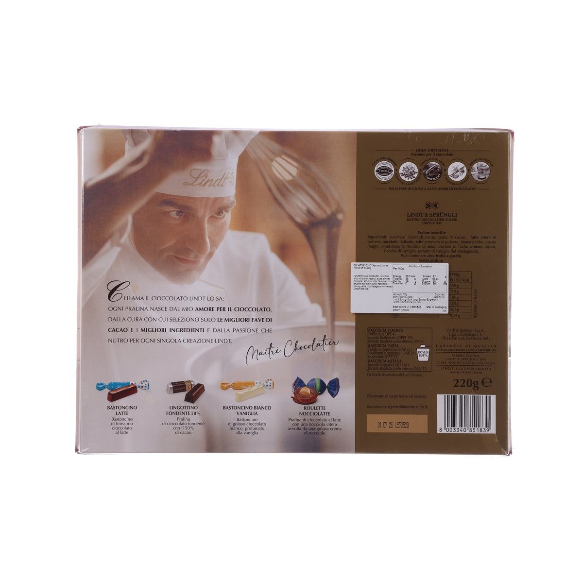 LINDT assorted chocolate pralines gift box, back panel with icons and details