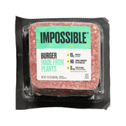 Plant-based ground beef pouch with Impossible label and burger made from plants