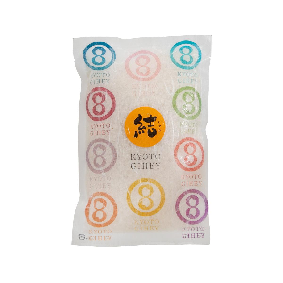 Beige packaged musubi rice pouch with Kyoto Gihey logo and numbered 8 graphics