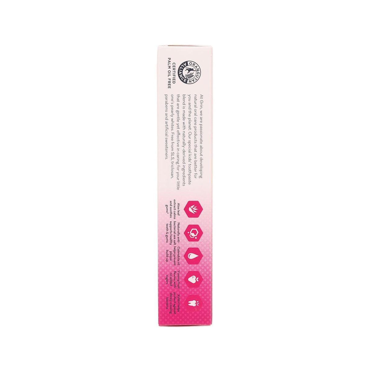 GRIN kids fluoride toothpaste box side, light pink panel with recycling-style icons