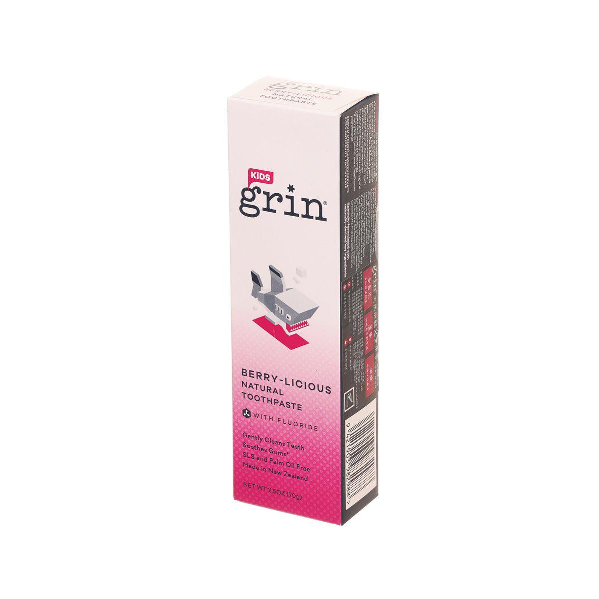 GRIN kids berry-flavored fluoride toothpaste box, angled view of front panel