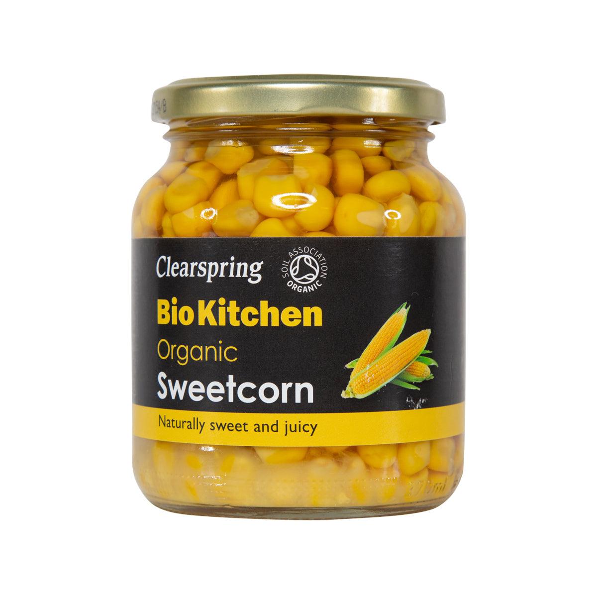 CLEARSPRING BioKitchen organic sweetcorn jar, glass with yellow kernels