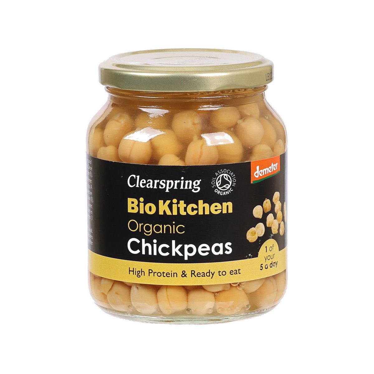 Jar of CLEARSPRING Organic Chickpeas with beige chickpeas visible through glass