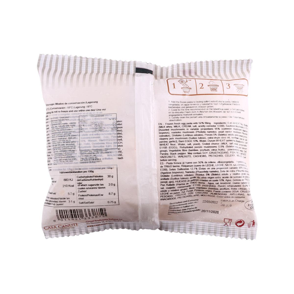 CASA CANUTI mezzelune pasta pouch back with ingredients and nutrition panel