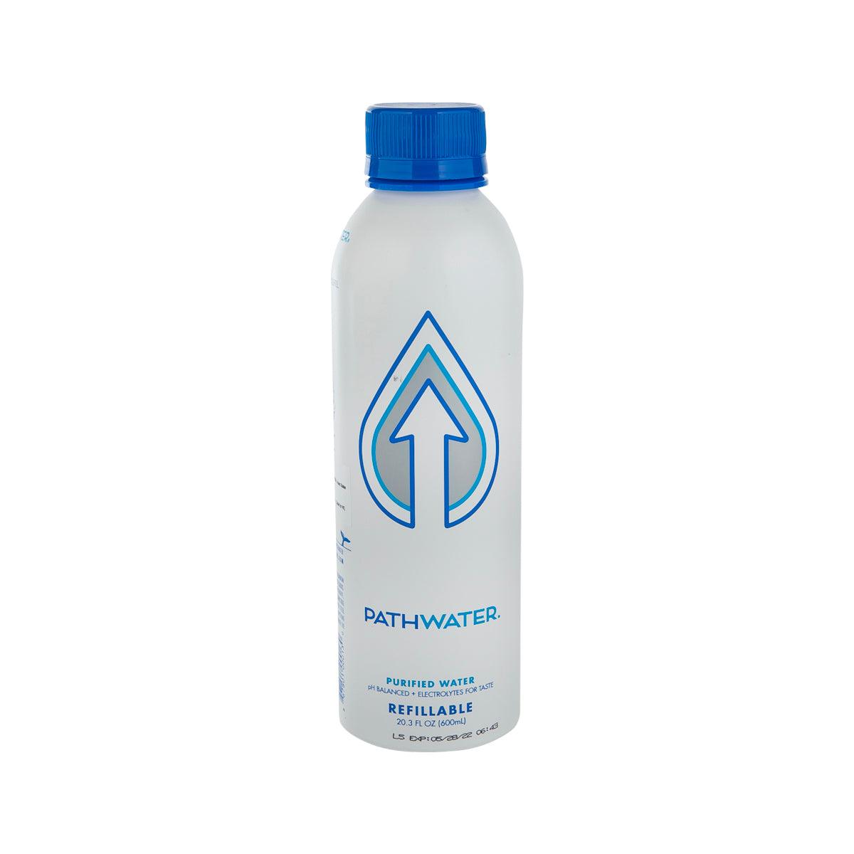 Refillable electrolyte water bottle with blue cap, PATHWATER, 600 mL