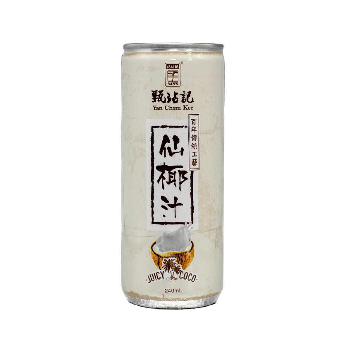 YAN CHIM KEE Juicy Coco drink can, 240 mL, beige label with JUICY COCO text