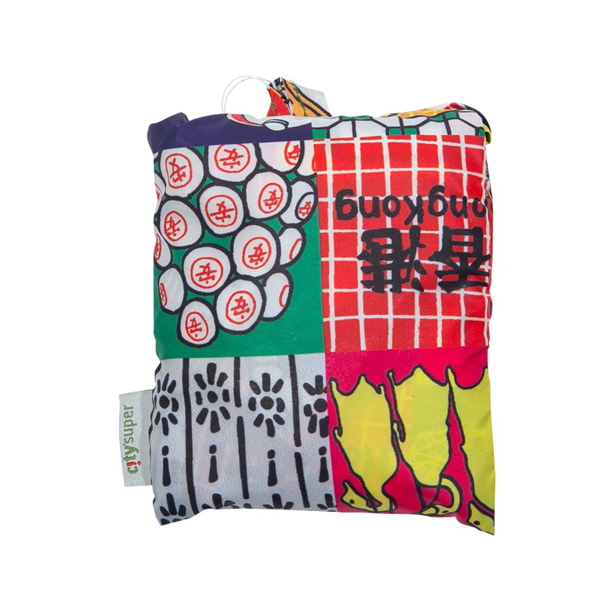 Compact foldable shopping bag, patchwork red grid and cat silhouettes