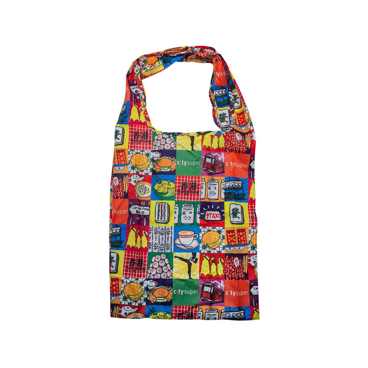 Compact foldable shopping bag, red multicolor city print