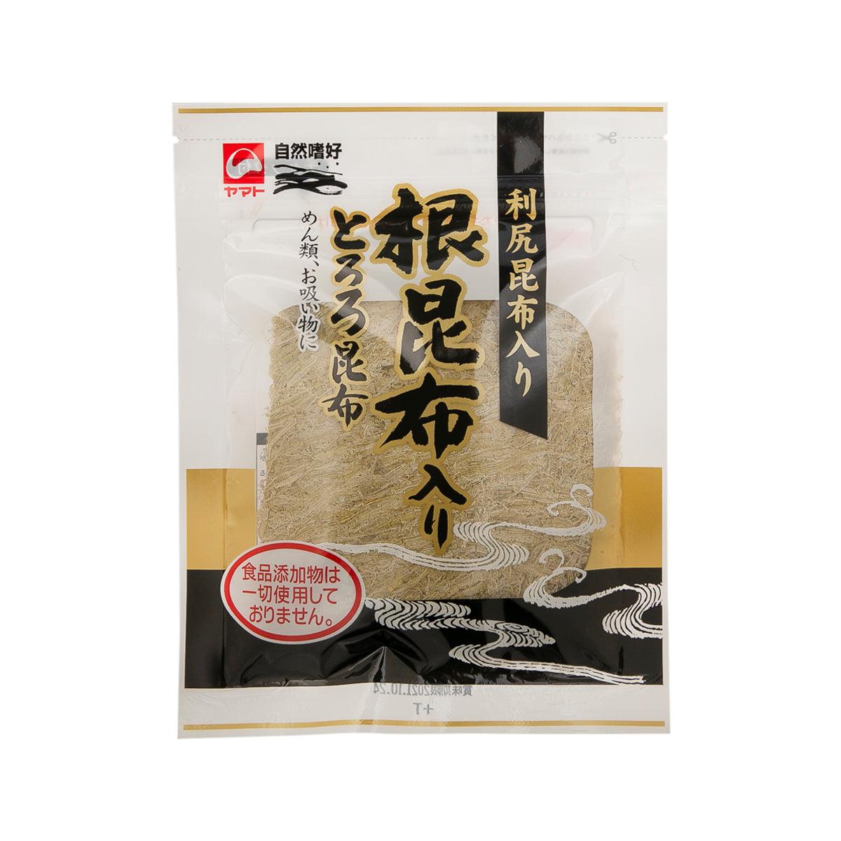 Vinegar-pickled kelp shavings pouch, beige bag with black wave design and red seal.