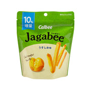 Potato stick snack bag, green pouch front with light salt graphic