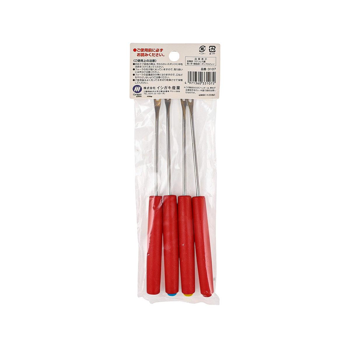4-pack fondue forks with red handles, stainless prongs in clear retail bag