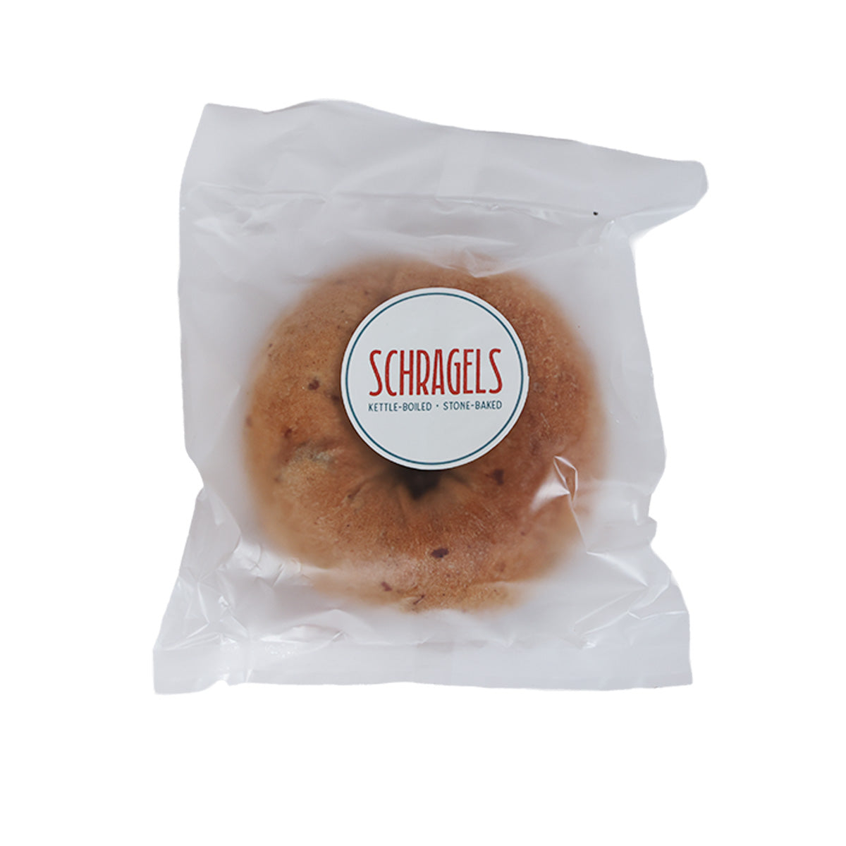 Packaged cinnamon raisin bagel with SCHRAGELS label