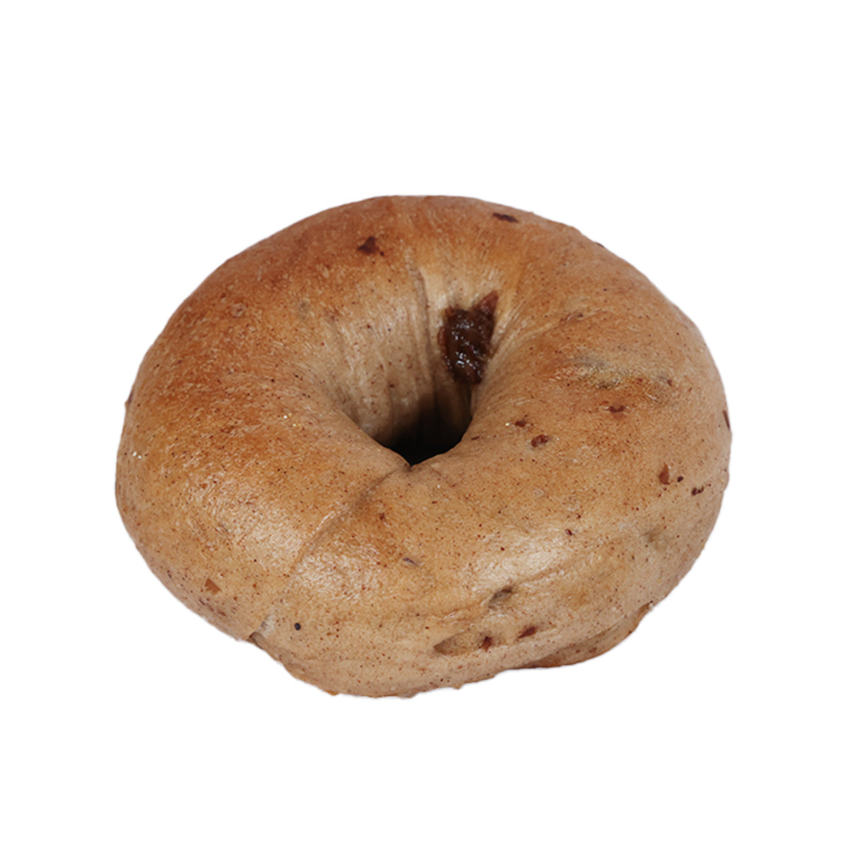 Cinnamon raisin bagel with visible raisins and center hole