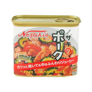 Nozaki's pork luncheon meat 340 g can with front label and red curry-style dish