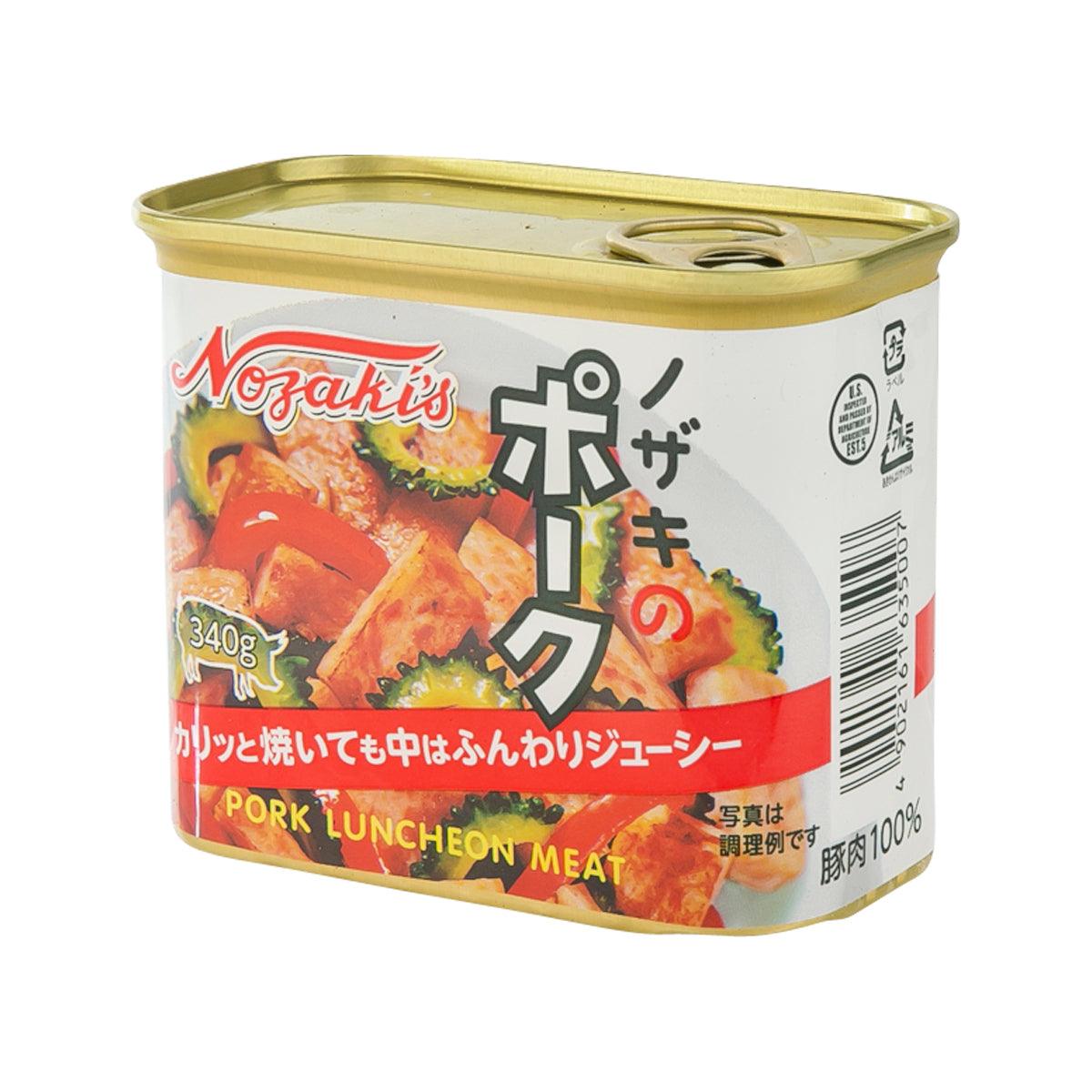 Nozaki's pork luncheon meat 340 g can, side view with nutrition and storage info
