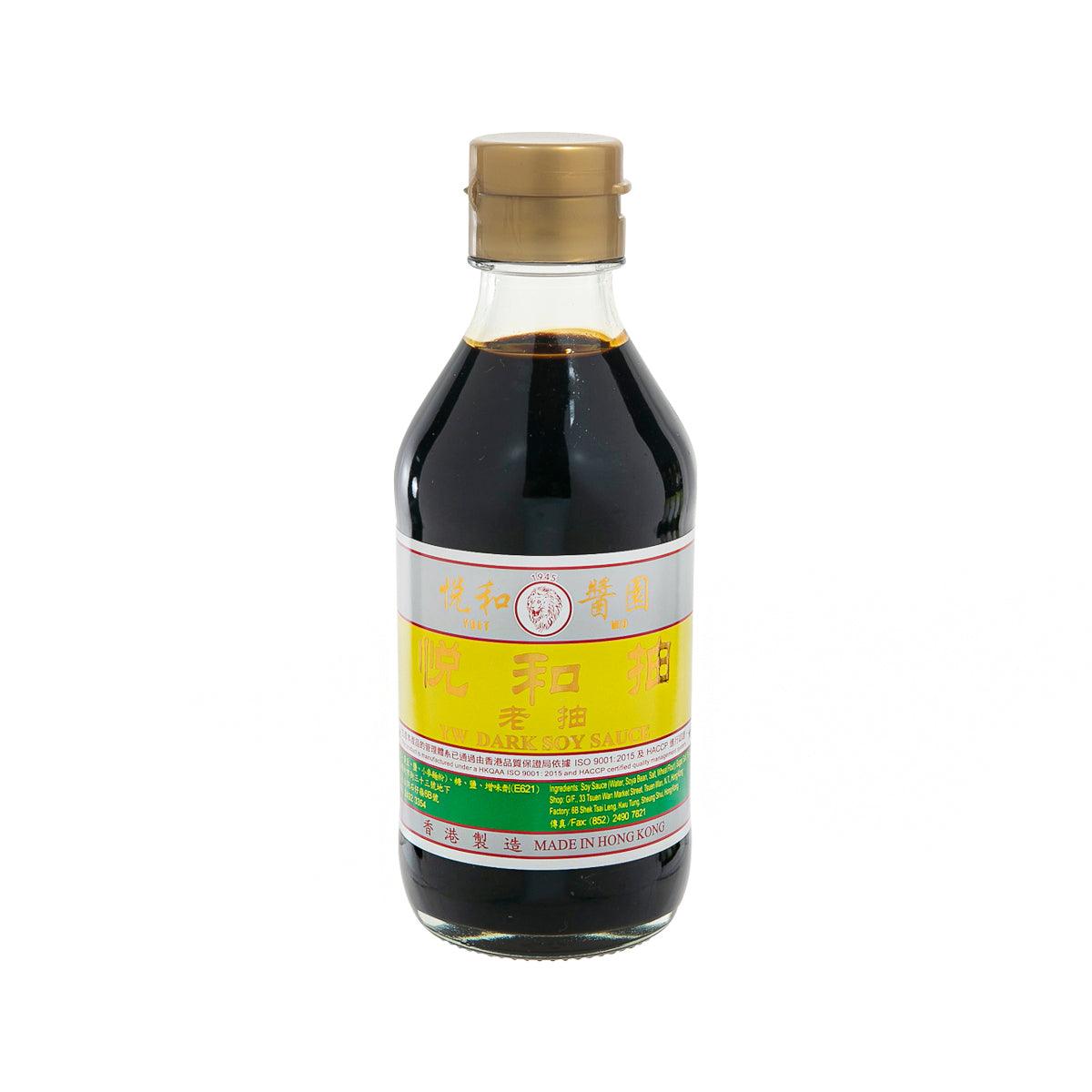 YUET WO dark soy sauce bottle, glass with gold cap, 210 mL