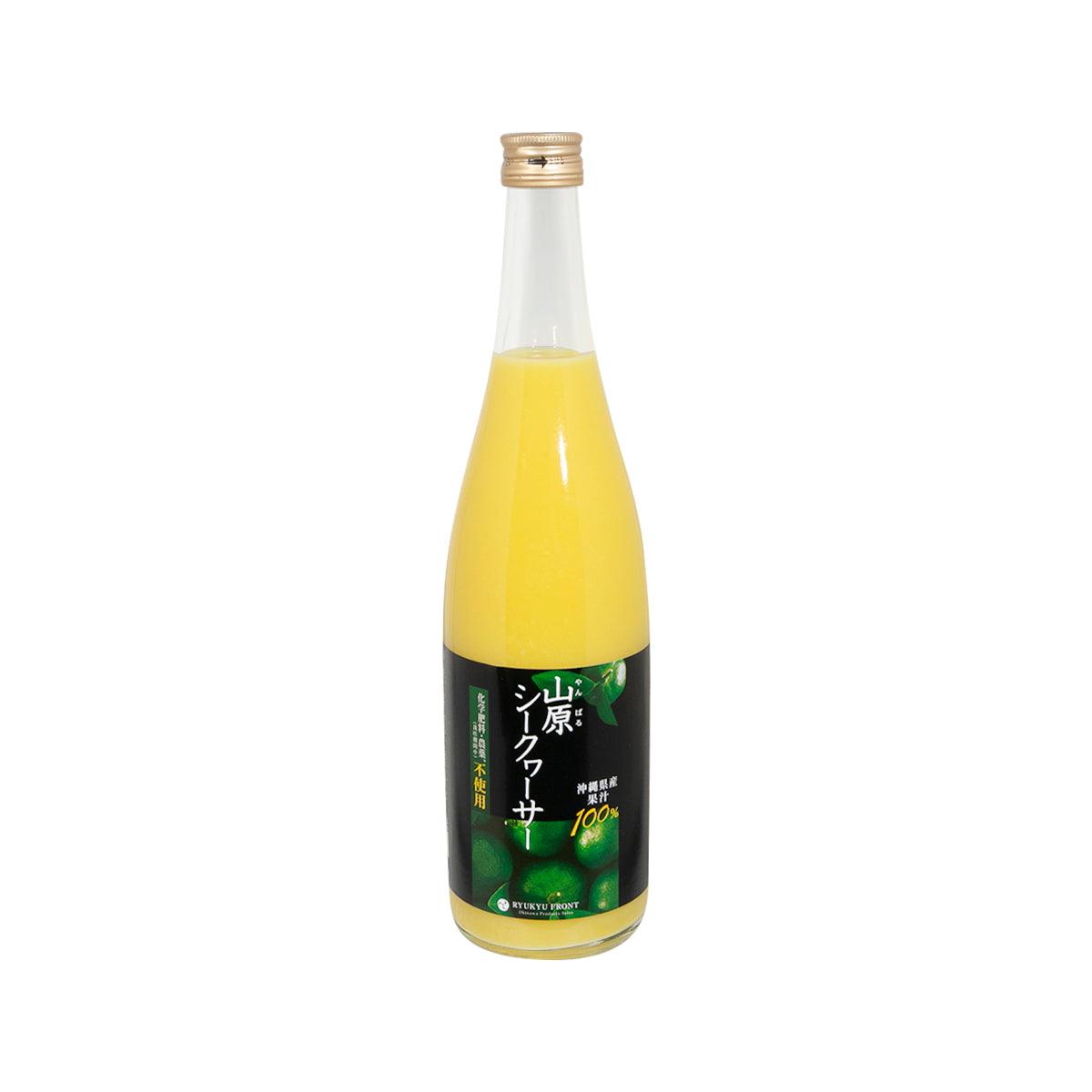 Yanbaru Shikuwasa juice bottle, yellow liquid, clear glass and gold cap